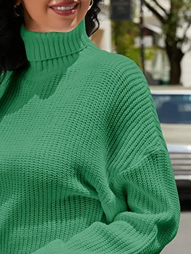 ZAFUL Women's Cropped Turtleneck Sweater Lantern Sleeve Ribbed Knit Pullover Sweater Jumper (2-Sea Green, M)