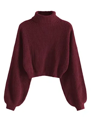 ZAFUL Women's Cropped Turtleneck Sweater Lantern Sleeve Ribbed Knit Pullover Sweater Jumper (2-Wine Red, M)