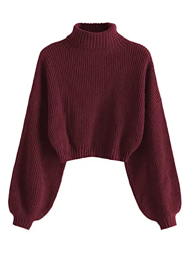 ZAFUL Women's Cropped Turtleneck Sweater Lantern Sleeve Ribbed Knit Pullover Sweater Jumper (2-Wine Red, M)